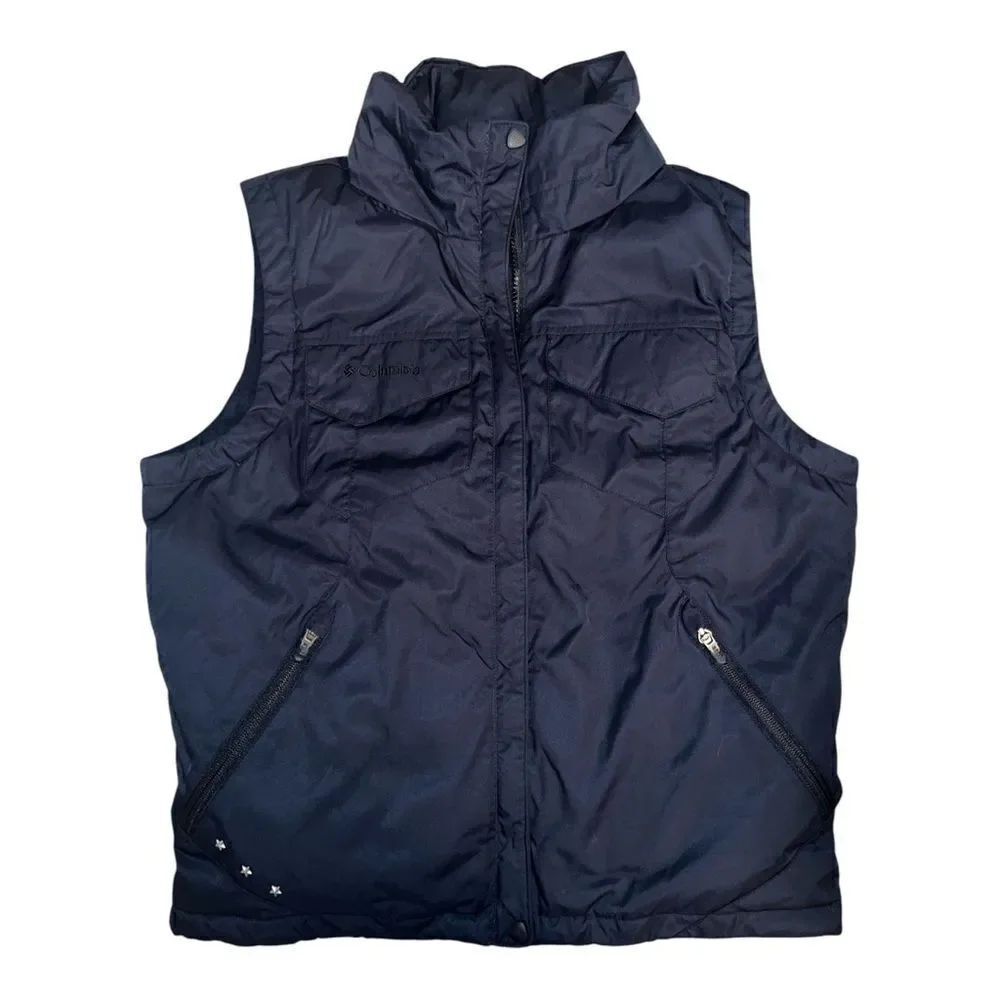 Columbia Womens Down Feather Puffer Vest Black Pink Interior Stars Large EUC